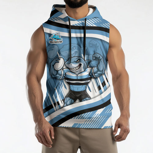 Cronulla Sharks Rugby Mascot Sleeveless Hoodie Fierce Athlete Graphic in Sports Style