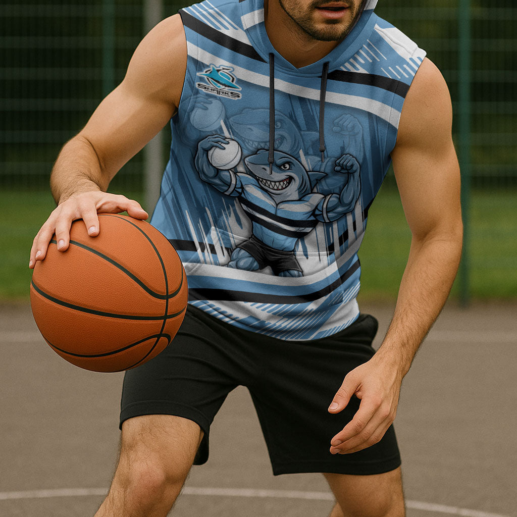 Cronulla Sharks Rugby Mascot Sleeveless Hoodie Fierce Athlete Graphic in Sports Style