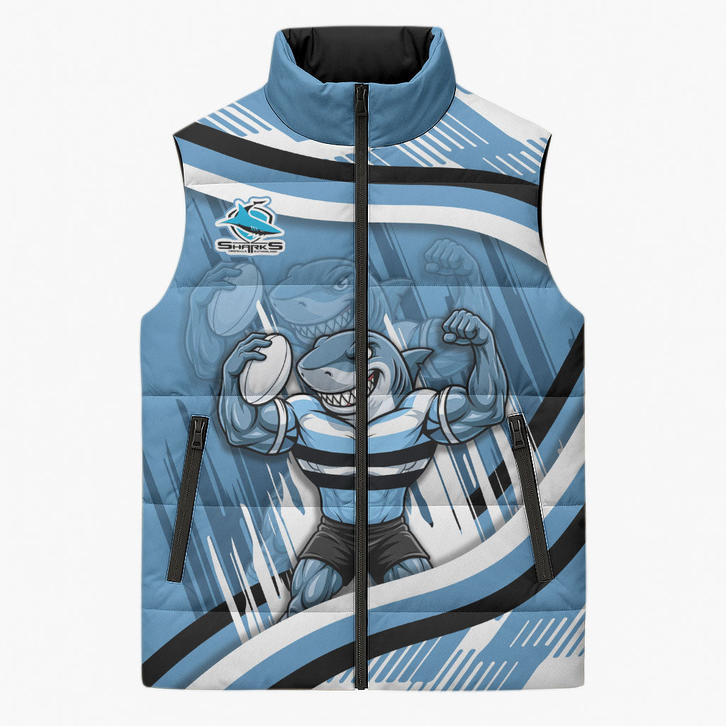 Cronulla Sharks Rugby Mascot Sleeveless Puffer Jacket Fierce Athlete Graphic in Sports Style