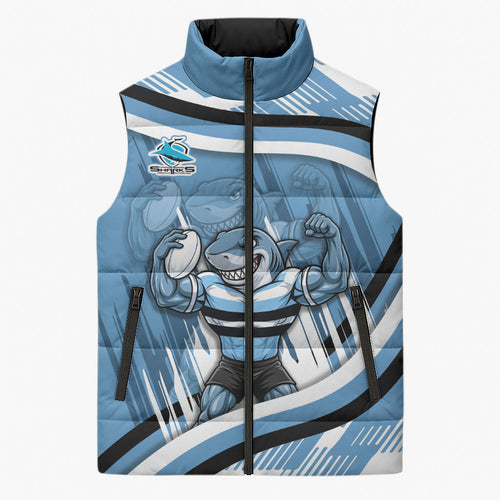 Cronulla Sharks Rugby Mascot Sleeveless Puffer Jacket Fierce Athlete Graphic in Sports Style