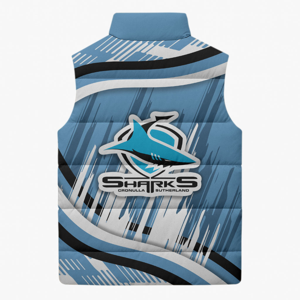 Cronulla Sharks Rugby Mascot Sleeveless Puffer Jacket Fierce Athlete Graphic in Sports Style