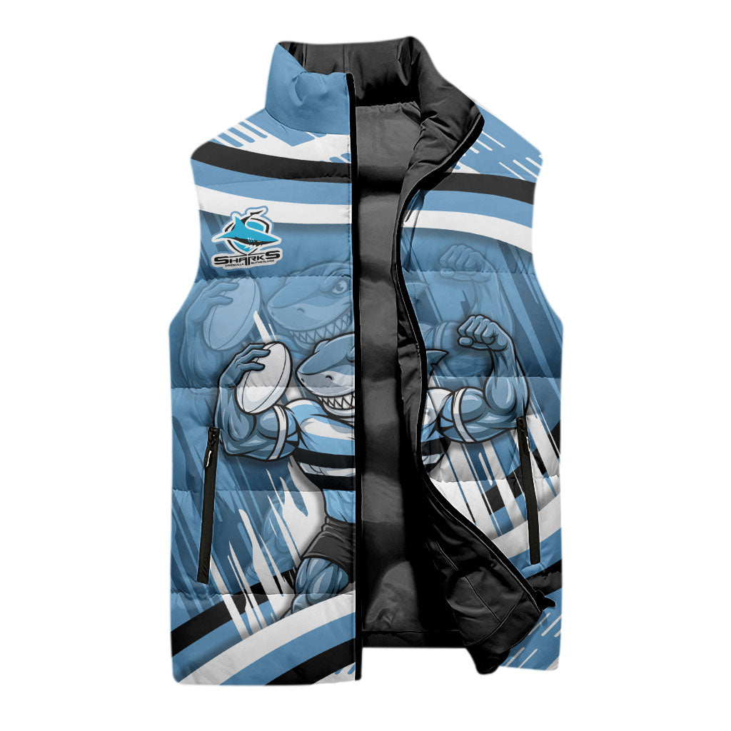 Cronulla Sharks Rugby Mascot Sleeveless Puffer Jacket Fierce Athlete Graphic in Sports Style