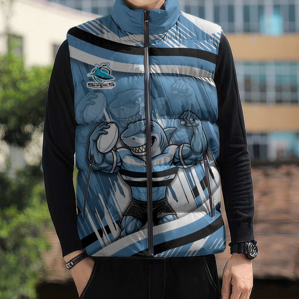 Cronulla Sharks Rugby Mascot Sleeveless Puffer Jacket Fierce Athlete Graphic in Sports Style