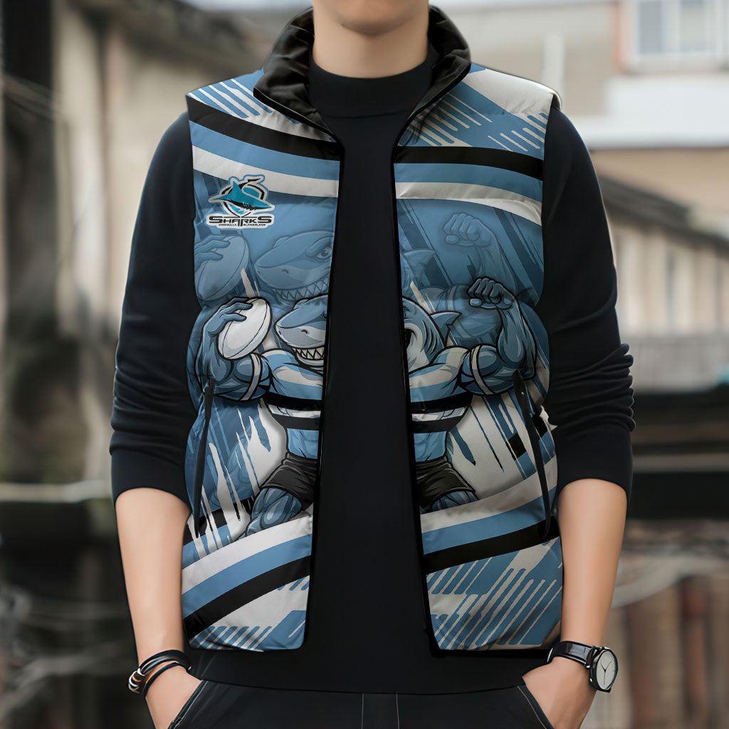 Cronulla Sharks Rugby Mascot Sleeveless Puffer Jacket Fierce Athlete Graphic in Sports Style