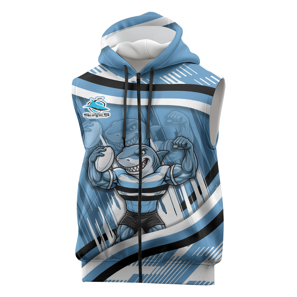 Cronulla Sharks Rugby Mascot Sleeveless Zip Hoodie Fierce Athlete Graphic in Sports Style