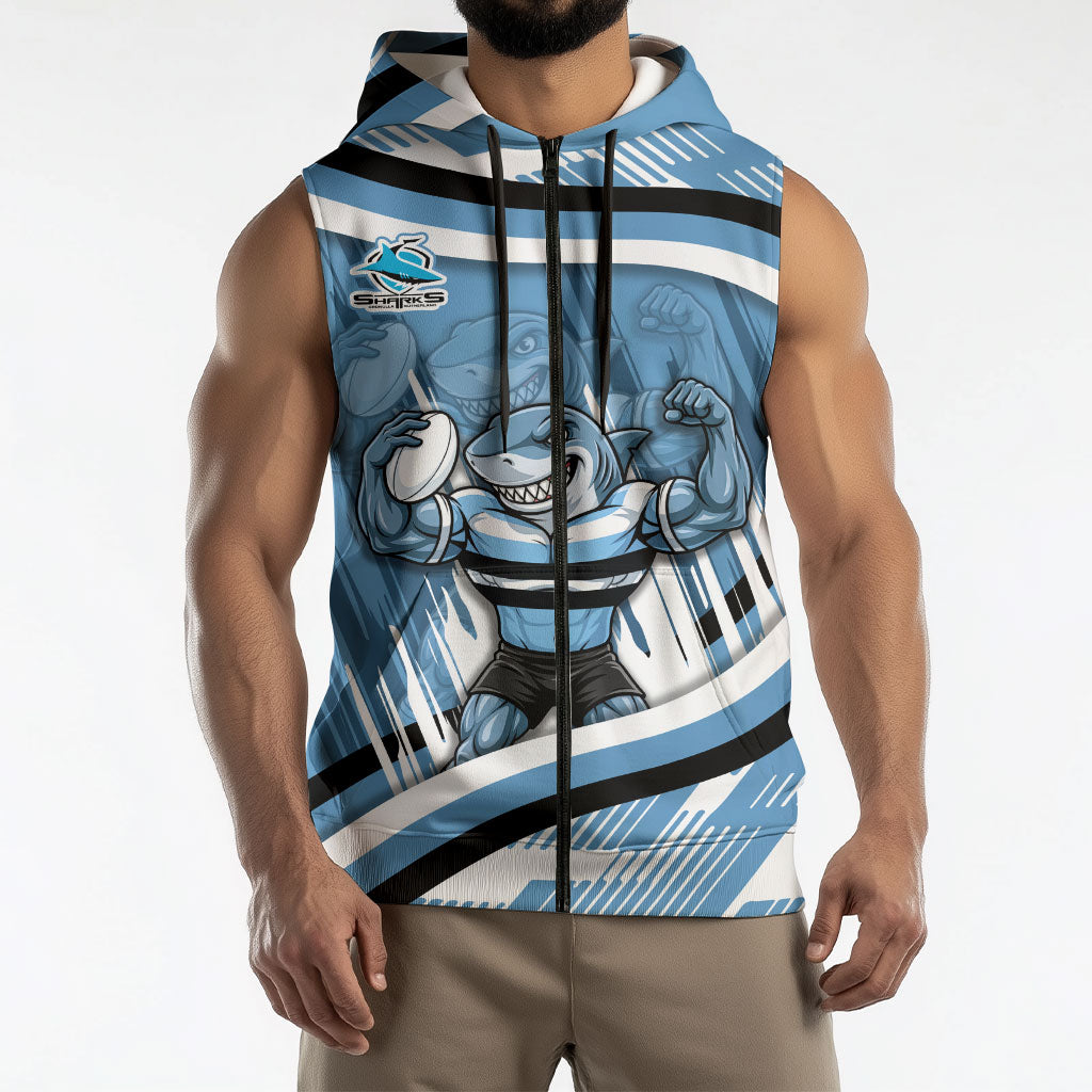 Cronulla Sharks Rugby Mascot Sleeveless Zip Hoodie Fierce Athlete Graphic in Sports Style
