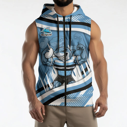 Cronulla Sharks Rugby Mascot Sleeveless Zip Hoodie Fierce Athlete Graphic in Sports Style