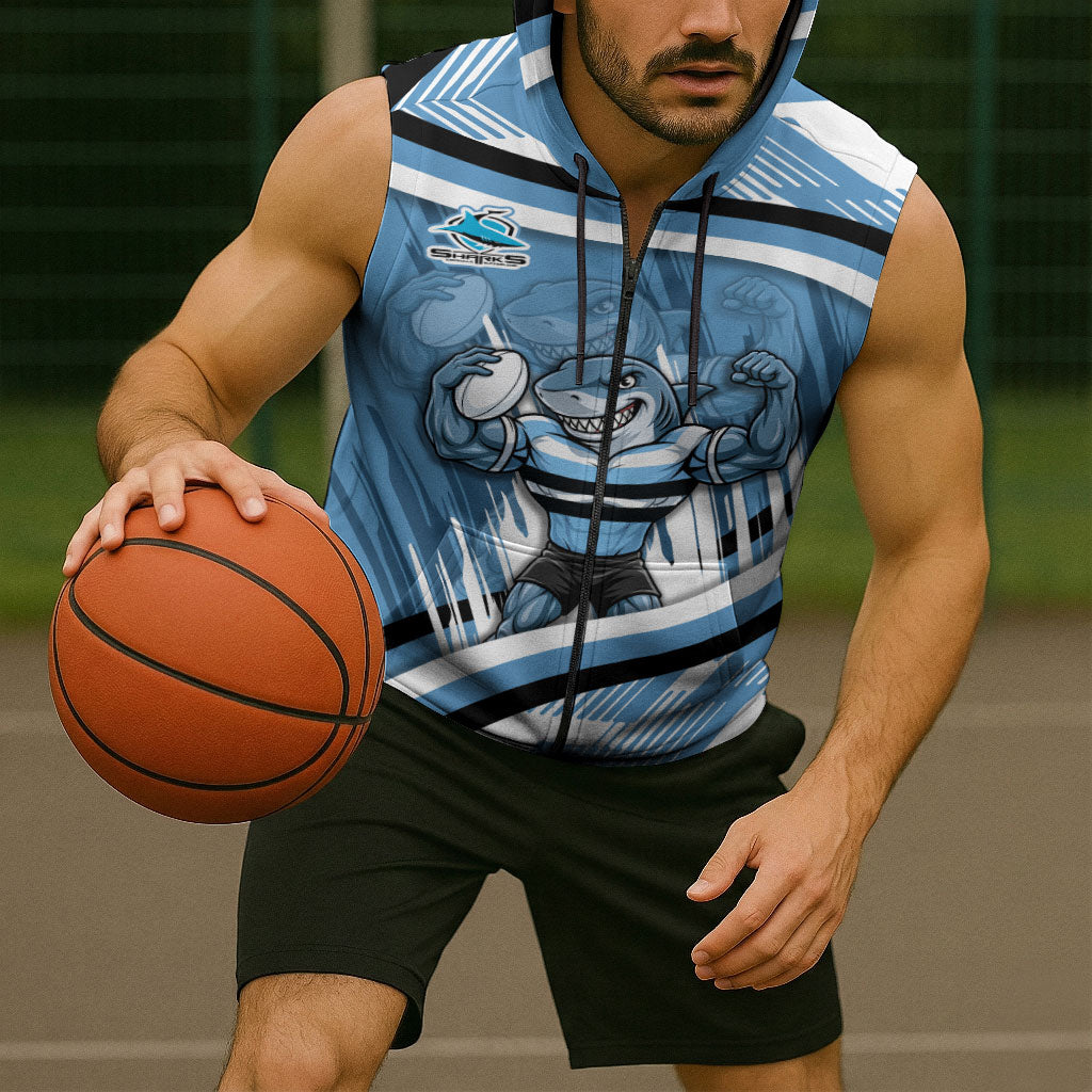 Cronulla Sharks Rugby Mascot Sleeveless Zip Hoodie Fierce Athlete Graphic in Sports Style