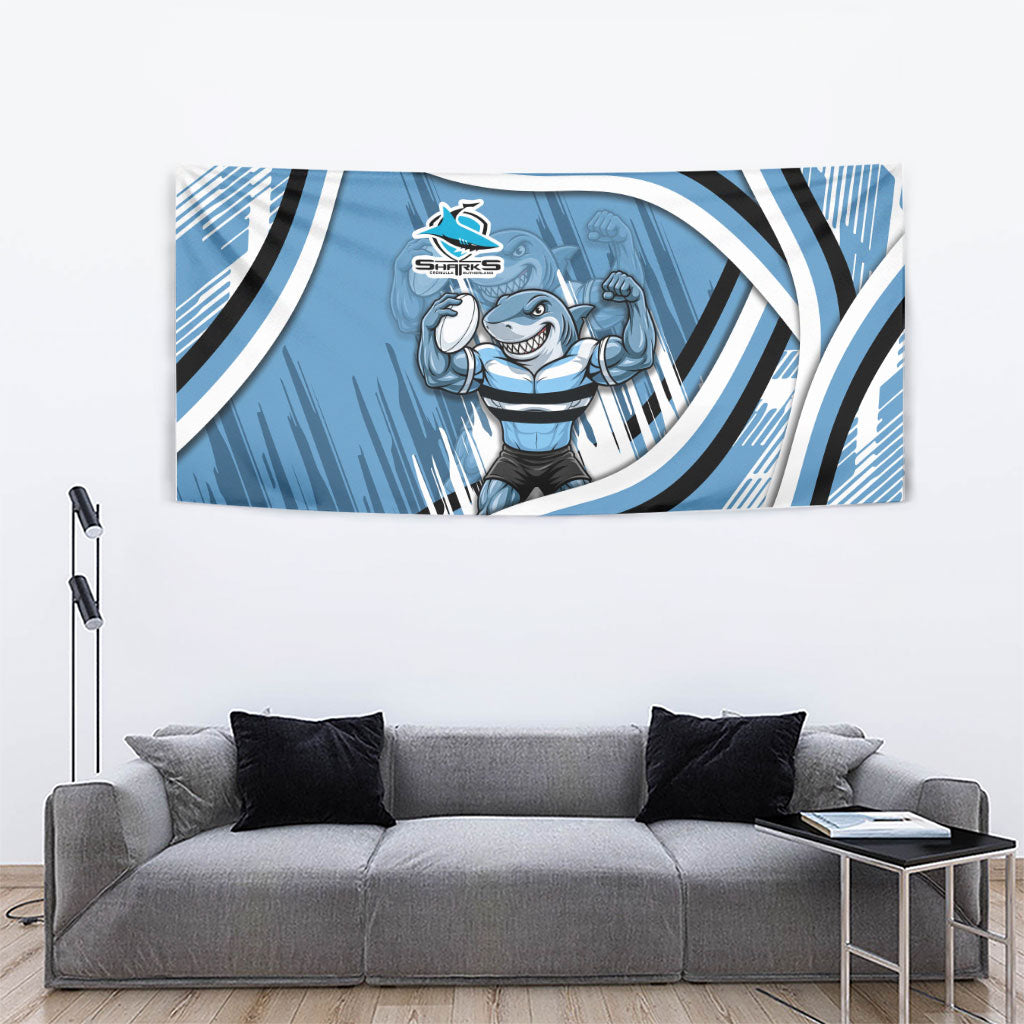 Cronulla Sharks Rugby Mascot Tapestry Fierce Athlete Graphic in Sports Style