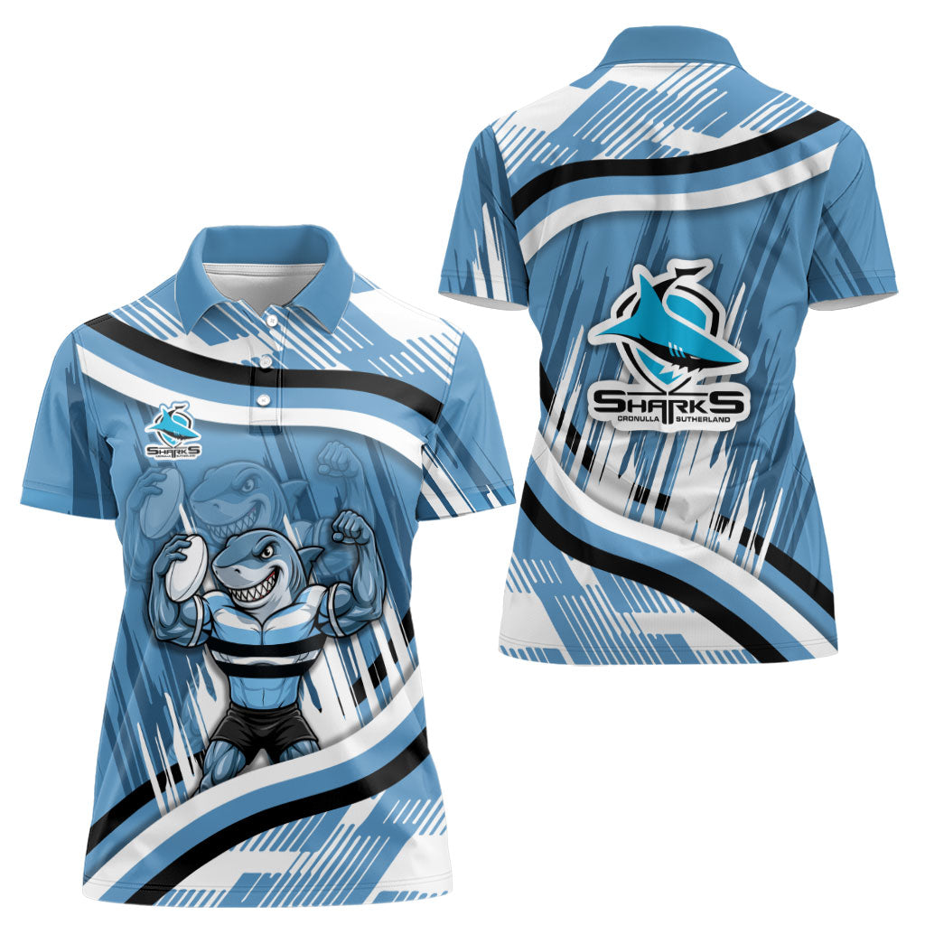 Cronulla Sharks Rugby Mascot Women Polo Shirt Fierce Athlete Graphic in Sports Style