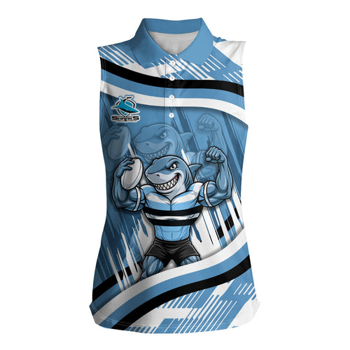 Cronulla Sharks Rugby Mascot Women Sleeveless Polo Shirt Fierce Athlete Graphic in Sports Style