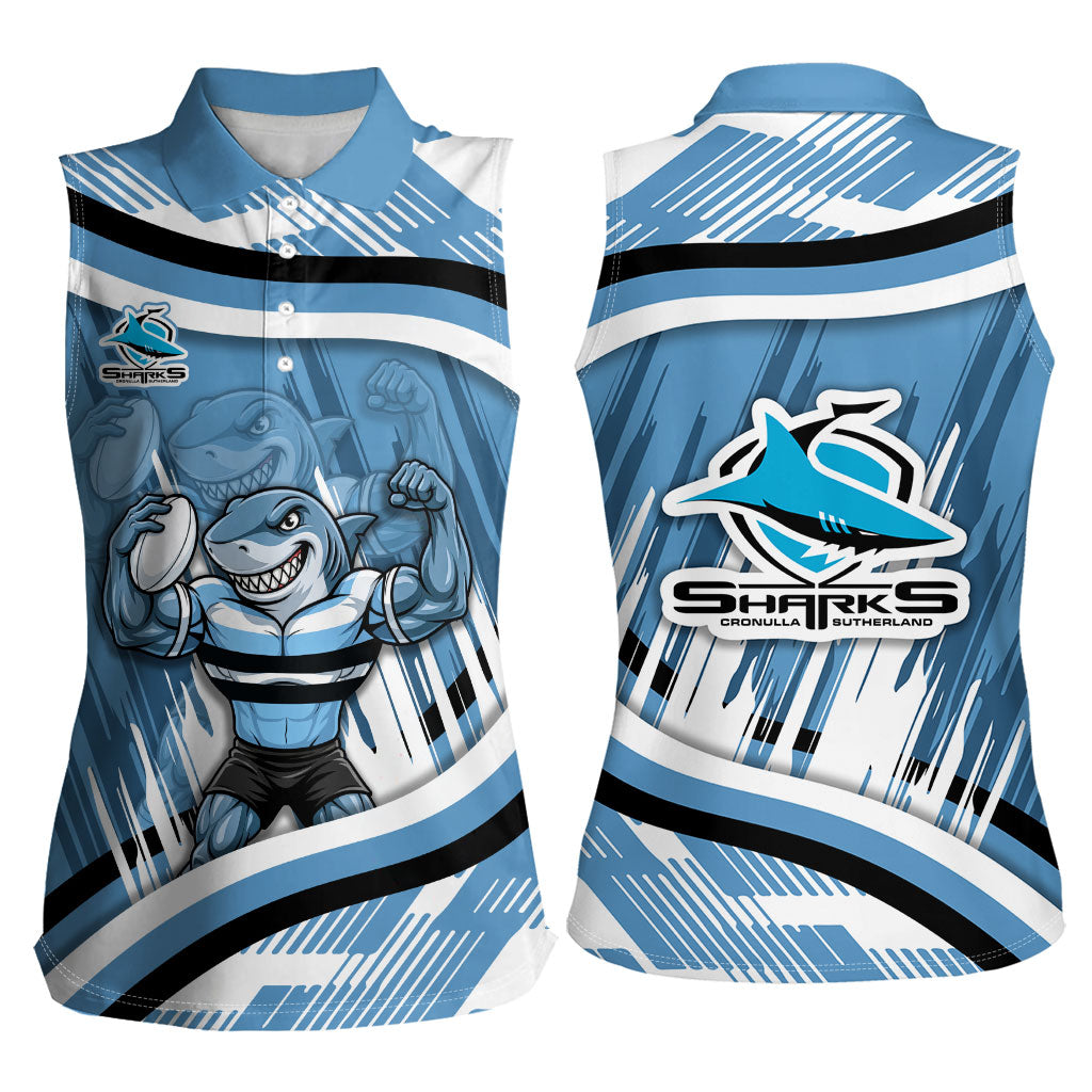 Cronulla Sharks Rugby Mascot Women Sleeveless Polo Shirt Fierce Athlete Graphic in Sports Style