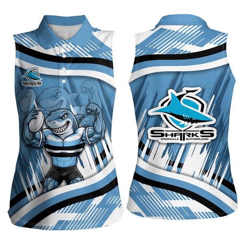 Cronulla Sharks Rugby Mascot Women Sleeveless Polo Shirt Fierce Athlete Graphic in Sports Style