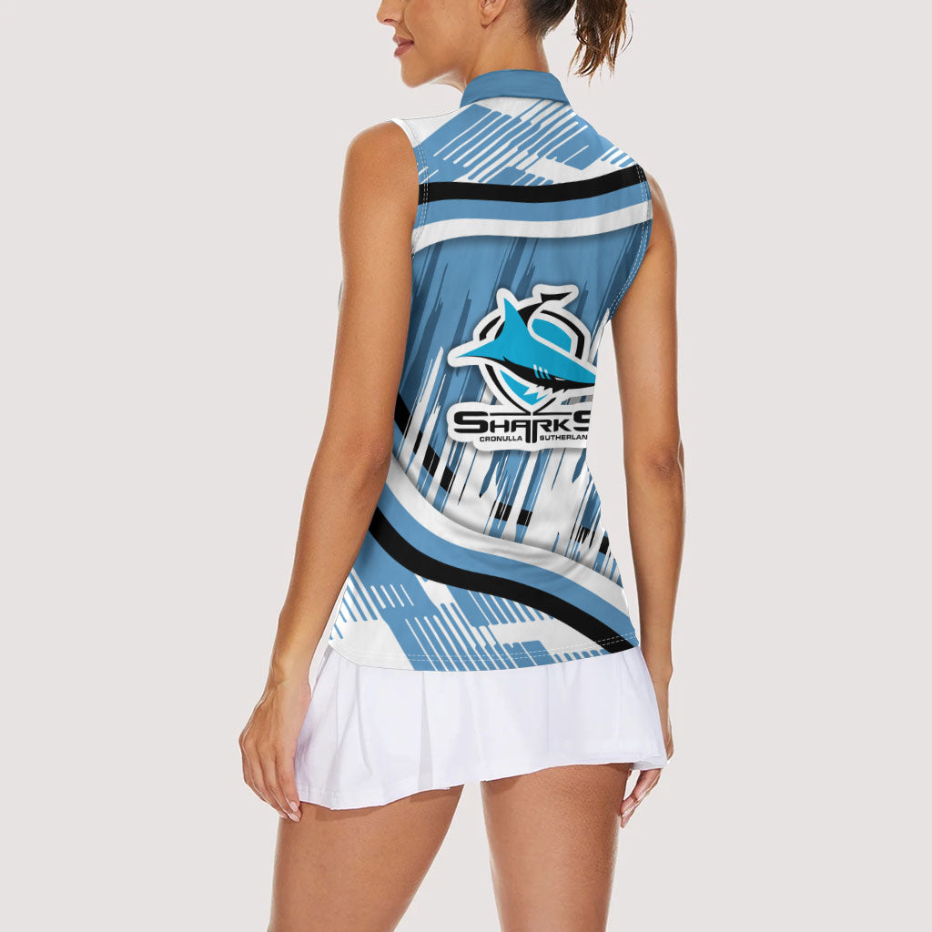 Cronulla Sharks Rugby Mascot Women Sleeveless Polo Shirt Fierce Athlete Graphic in Sports Style