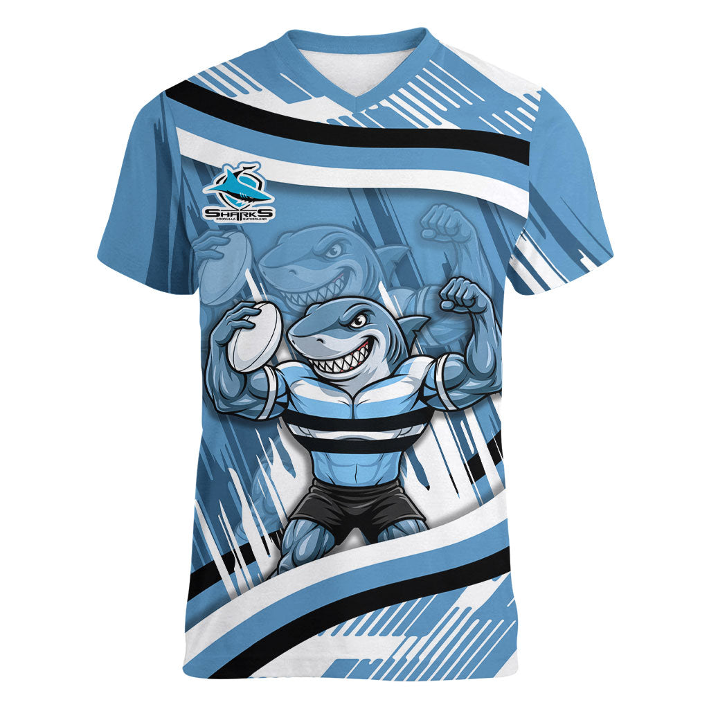 Cronulla Sharks Rugby Mascot Women V-Neck T-Shirt Fierce Athlete Graphic in Sports Style