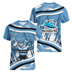 Cronulla Sharks Rugby Mascot Women V-Neck T-Shirt Fierce Athlete Graphic in Sports Style