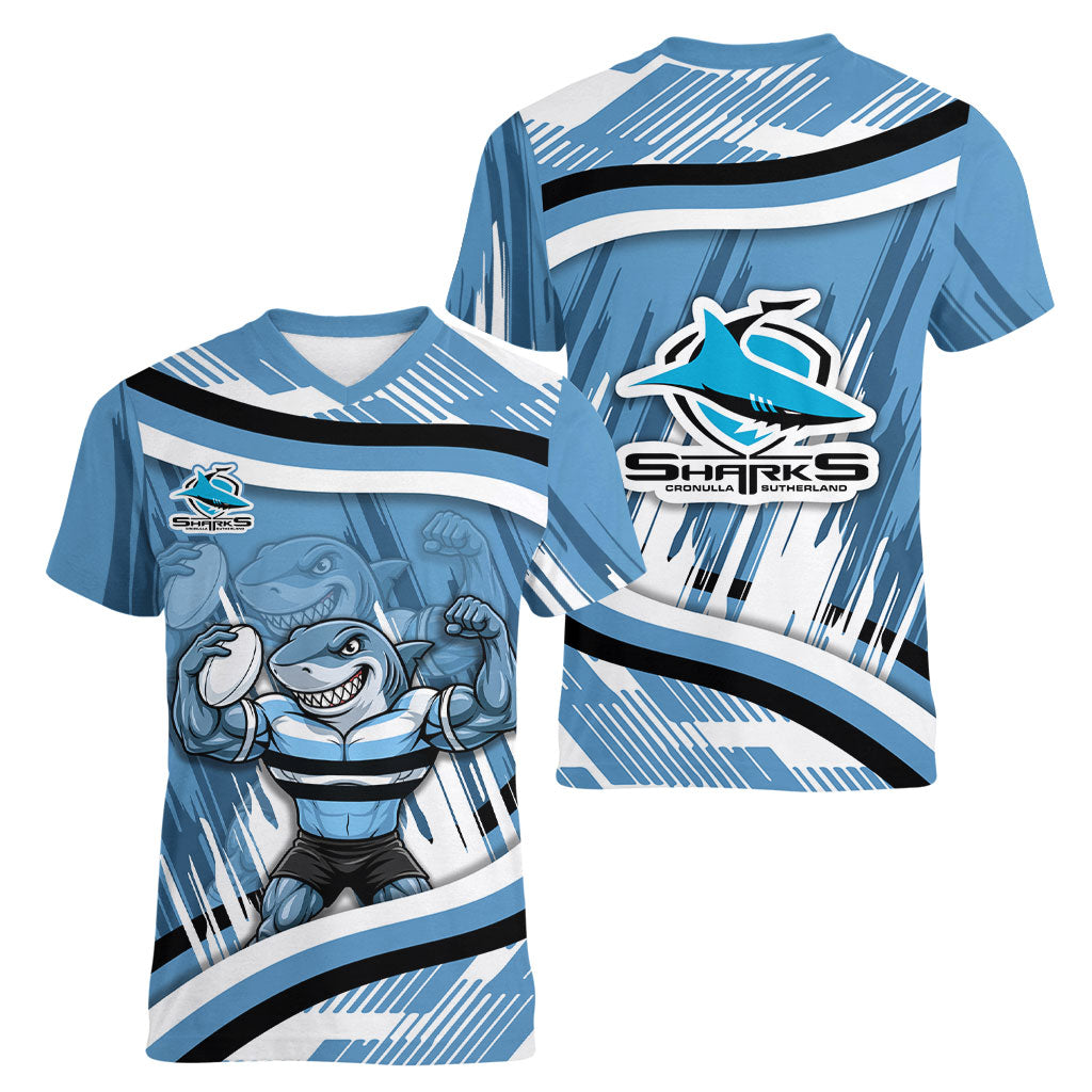 Cronulla Sharks Rugby Mascot Women V-Neck T-Shirt Fierce Athlete Graphic in Sports Style