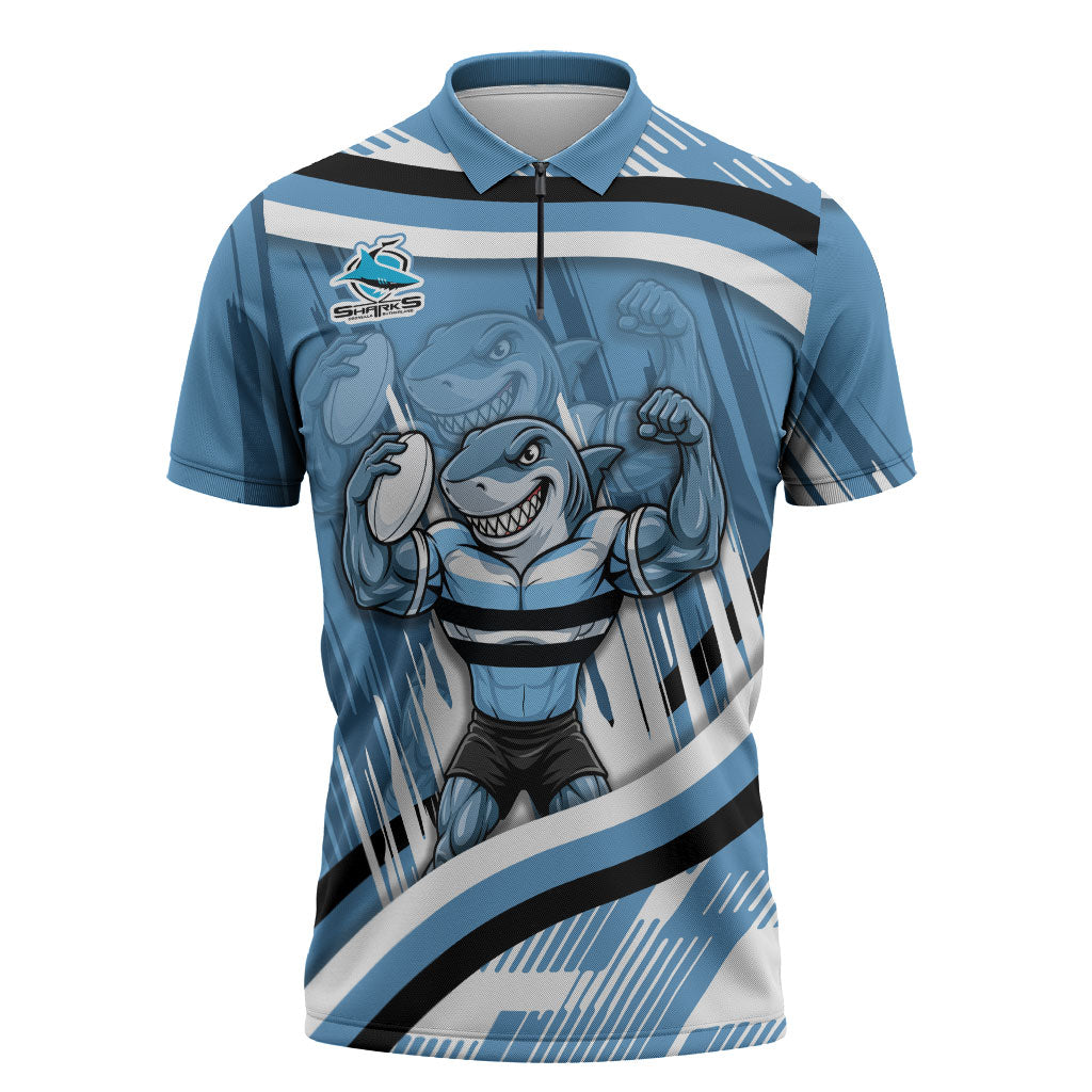 Cronulla Sharks Rugby Mascot Zipper Polo Shirt Fierce Athlete Graphic in Sports Style