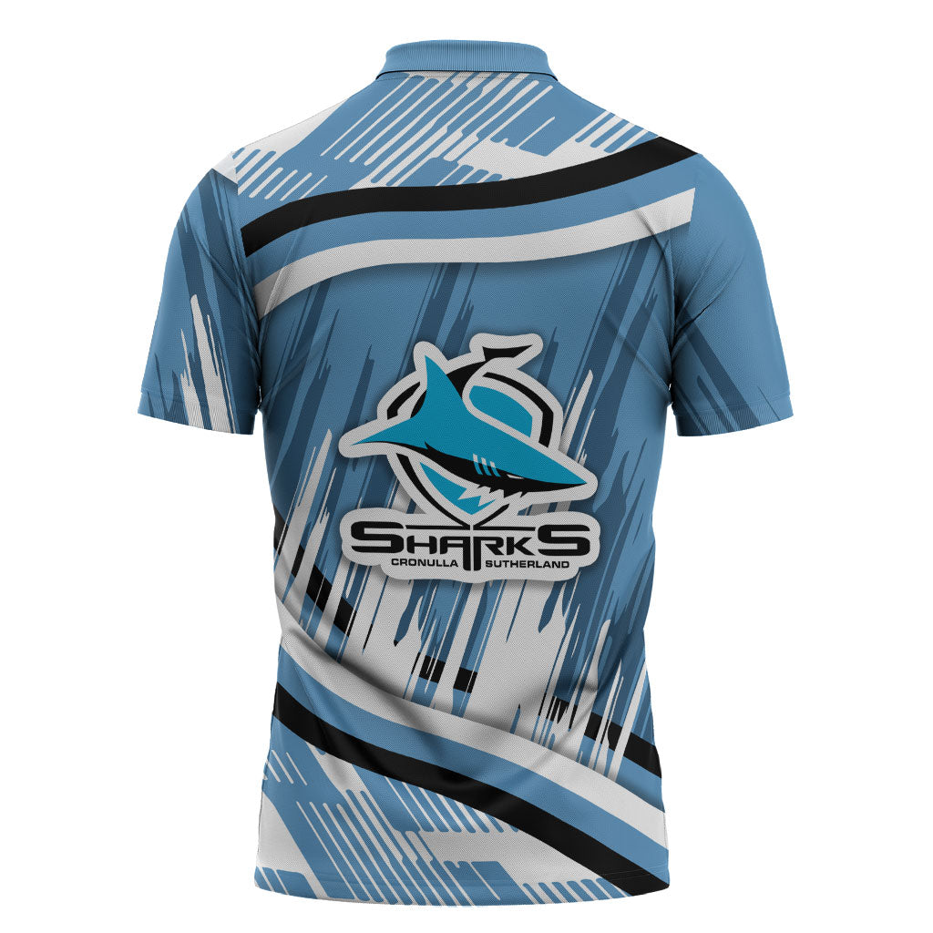 Cronulla Sharks Rugby Mascot Zipper Polo Shirt Fierce Athlete Graphic in Sports Style