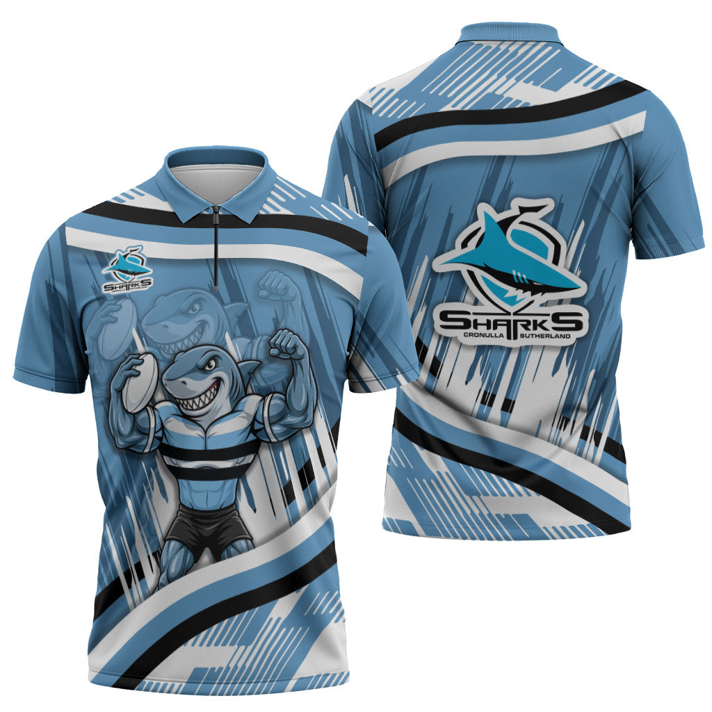 Cronulla Sharks Rugby Mascot Zipper Polo Shirt Fierce Athlete Graphic in Sports Style