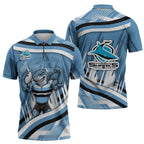 Cronulla Sharks Rugby Mascot Zipper Polo Shirt Fierce Athlete Graphic in Sports Style