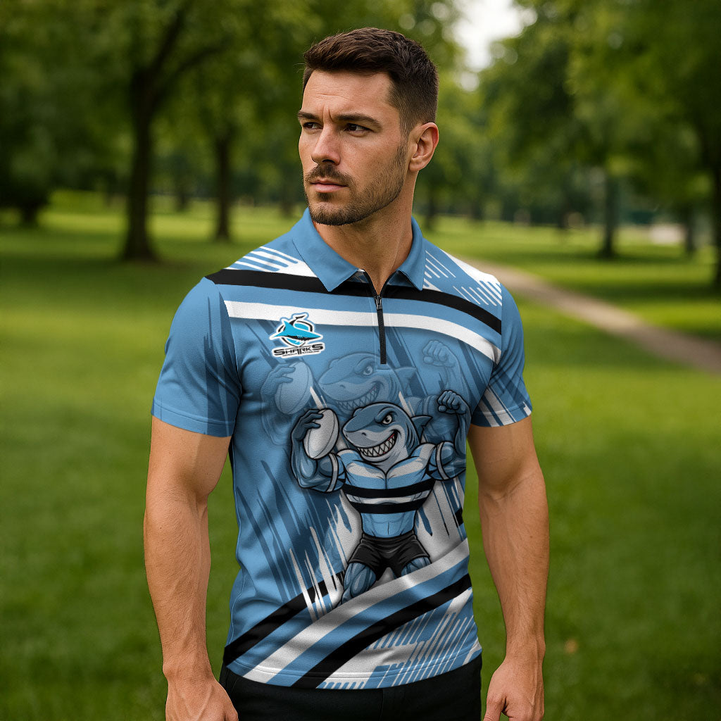 Cronulla Sharks Rugby Mascot Zipper Polo Shirt Fierce Athlete Graphic in Sports Style