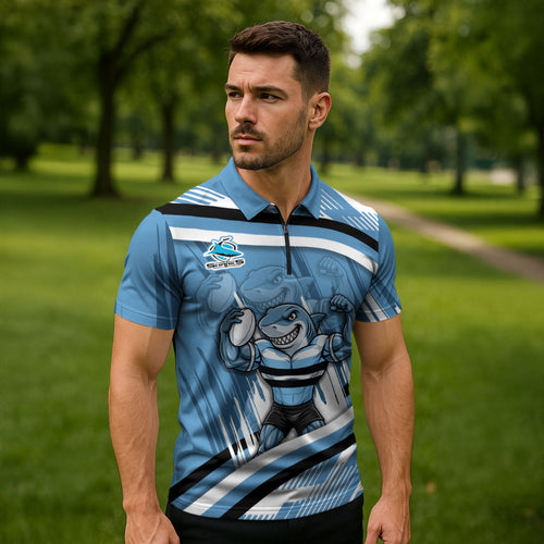 Cronulla Sharks Rugby Mascot Zipper Polo Shirt Fierce Athlete Graphic in Sports Style