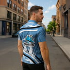 Cronulla Sharks Rugby Mascot Zipper Polo Shirt Fierce Athlete Graphic in Sports Style