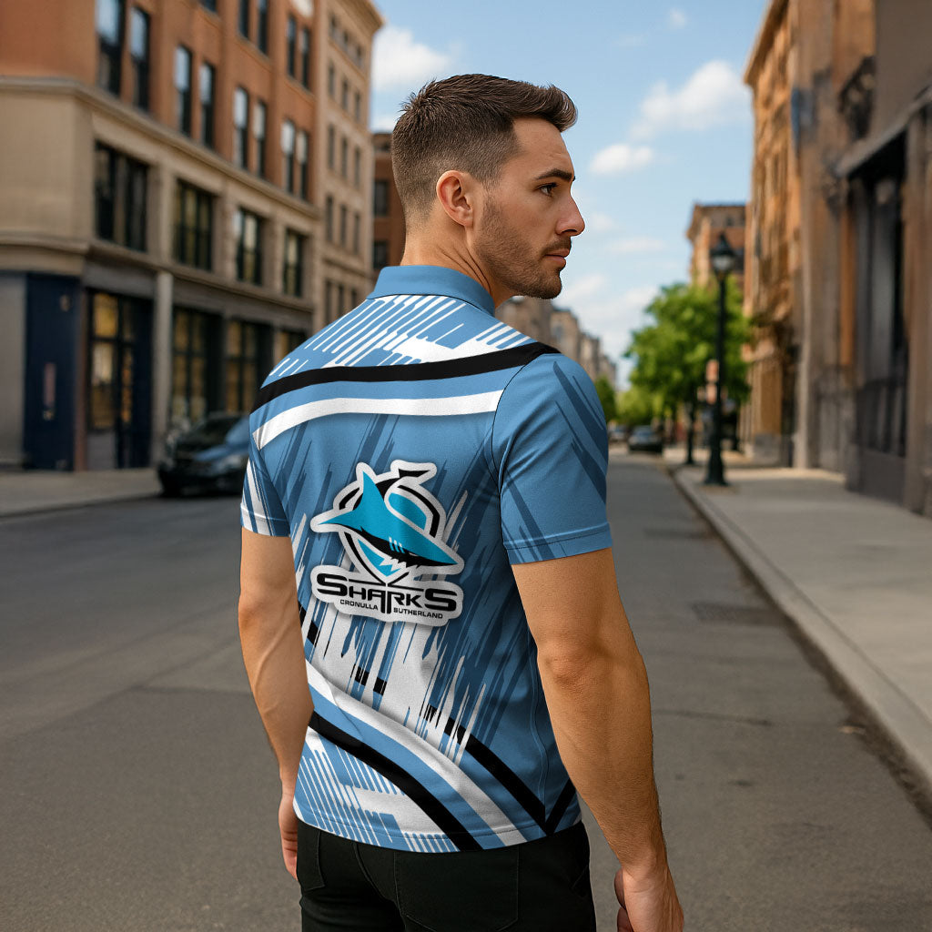 Cronulla Sharks Rugby Mascot Zipper Polo Shirt Fierce Athlete Graphic in Sports Style
