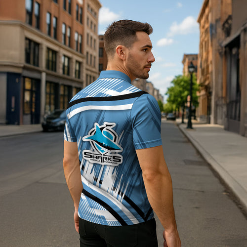 Cronulla Sharks Rugby Mascot Zipper Polo Shirt Fierce Athlete Graphic in Sports Style