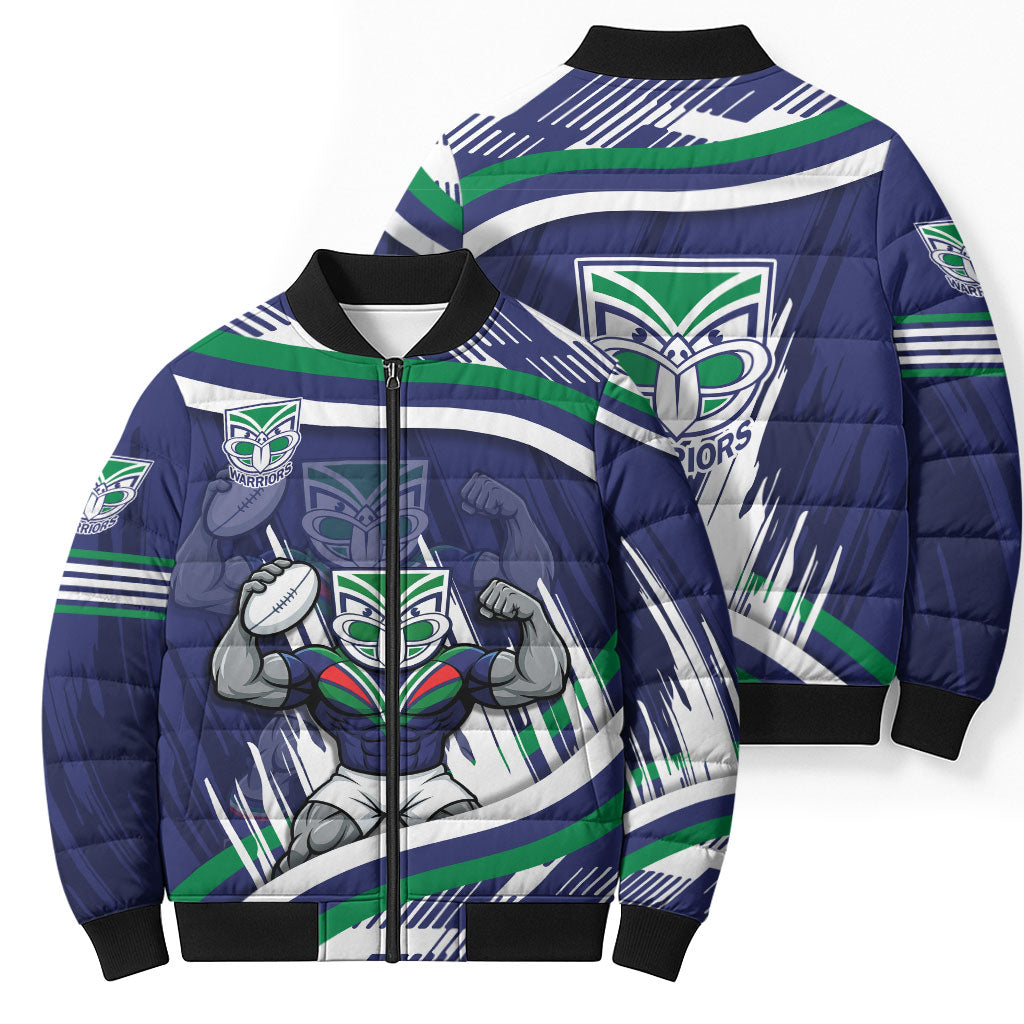 New Zealand Warriors Rugby Mascot Bomber Puffer Jacket Fierce Athlete Graphic in Sports Style