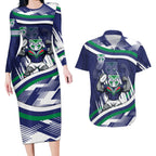 New Zealand Warriors Rugby Mascot Couples Matching Long Sleeve Bodycon Dress and Hawaiian Shirt Fierce Athlete Graphic in Sports Style