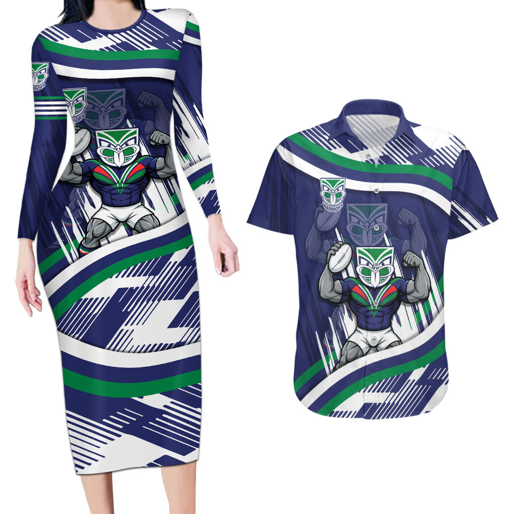 New Zealand Warriors Rugby Mascot Couples Matching Long Sleeve Bodycon Dress and Hawaiian Shirt Fierce Athlete Graphic in Sports Style