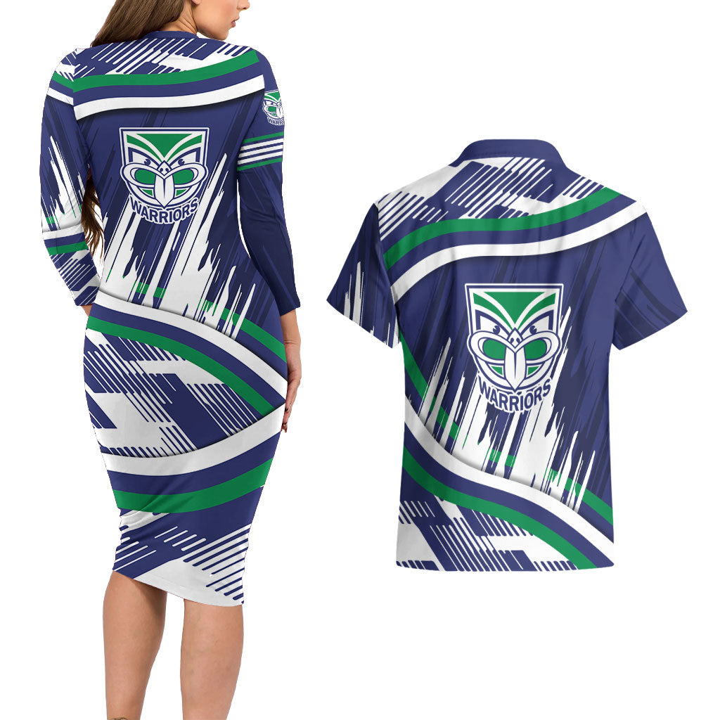 New Zealand Warriors Rugby Mascot Couples Matching Long Sleeve Bodycon Dress and Hawaiian Shirt Fierce Athlete Graphic in Sports Style