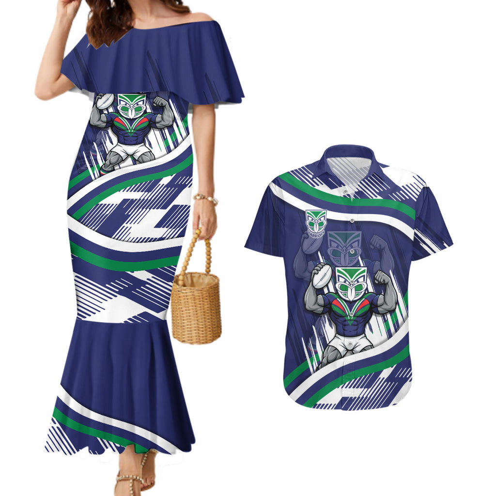 New Zealand Warriors Rugby Mascot Couples Matching Mermaid Dress and Hawaiian Shirt Fierce Athlete Graphic in Sports Style