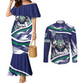 New Zealand Warriors Rugby Mascot Couples Matching Mermaid Dress and Long Sleeve Button Shirt Fierce Athlete Graphic in Sports Style