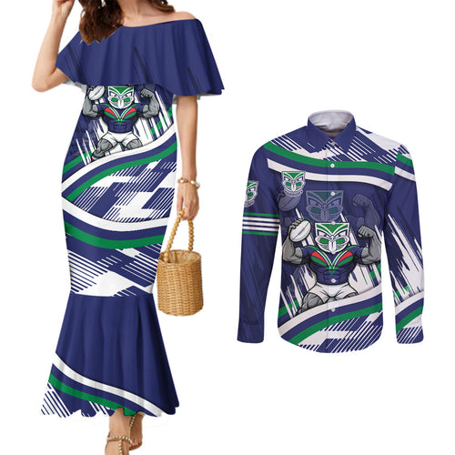 New Zealand Warriors Rugby Mascot Couples Matching Mermaid Dress and Long Sleeve Button Shirt Fierce Athlete Graphic in Sports Style