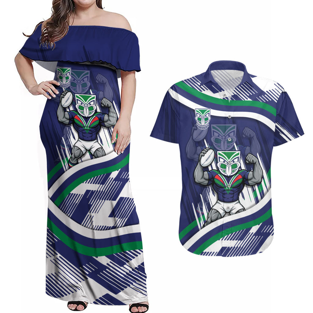 New Zealand Warriors Rugby Mascot Couples Matching Off Shoulder Maxi Dress and Hawaiian Shirt Fierce Athlete Graphic in Sports Style