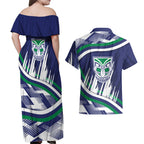 New Zealand Warriors Rugby Mascot Couples Matching Off Shoulder Maxi Dress and Hawaiian Shirt Fierce Athlete Graphic in Sports Style