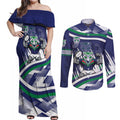 New Zealand Warriors Rugby Mascot Couples Matching Off Shoulder Maxi Dress and Long Sleeve Button Shirt Fierce Athlete Graphic in Sports Style