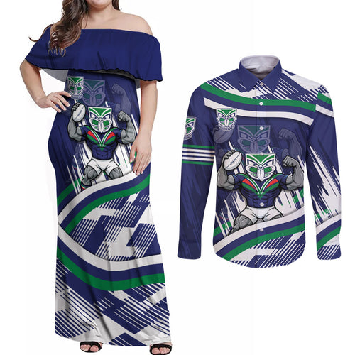 New Zealand Warriors Rugby Mascot Couples Matching Off Shoulder Maxi Dress and Long Sleeve Button Shirt Fierce Athlete Graphic in Sports Style