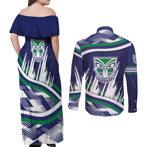 New Zealand Warriors Rugby Mascot Couples Matching Off Shoulder Maxi Dress and Long Sleeve Button Shirt Fierce Athlete Graphic in Sports Style