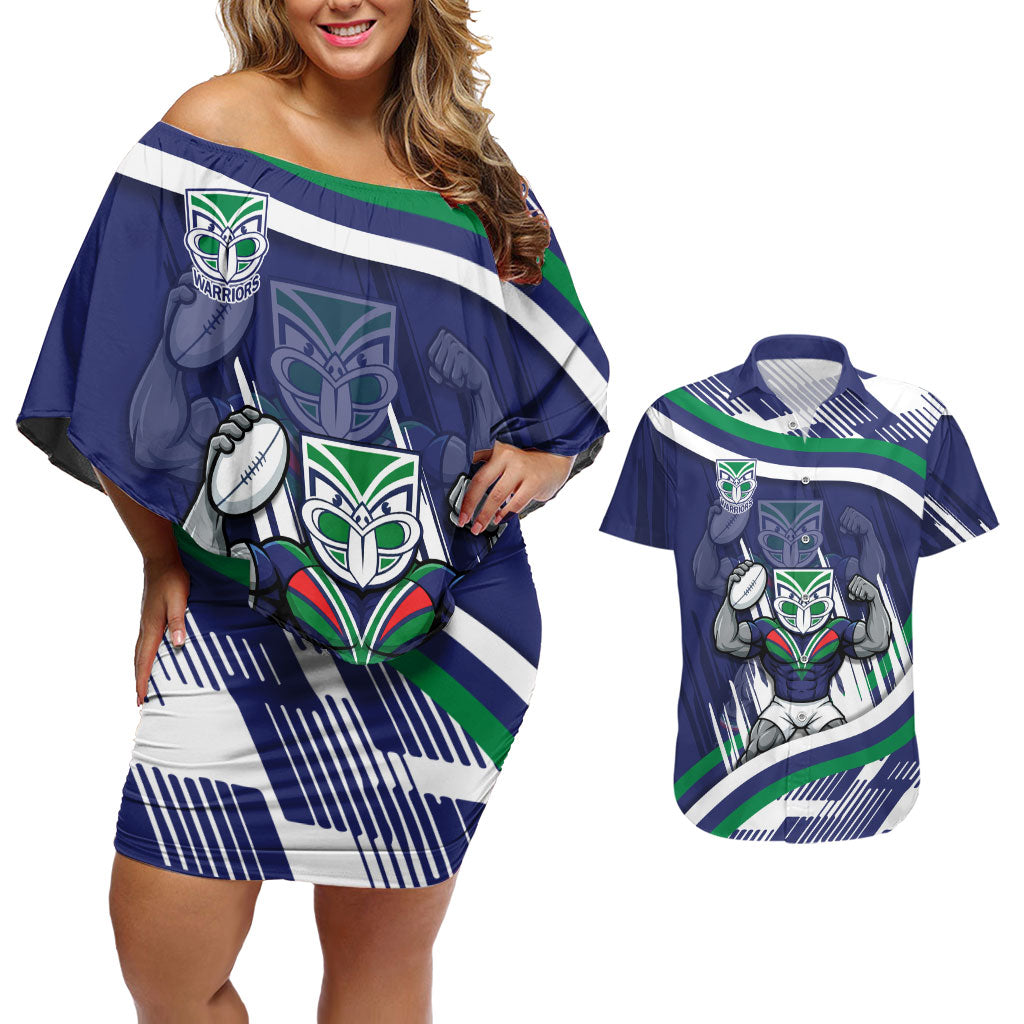 New Zealand Warriors Rugby Mascot Couples Matching Off Shoulder Short Dress and Hawaiian Shirt Fierce Athlete Graphic in Sports Style