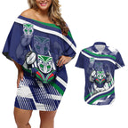 New Zealand Warriors Rugby Mascot Couples Matching Off Shoulder Short Dress and Hawaiian Shirt Fierce Athlete Graphic in Sports Style