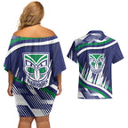 New Zealand Warriors Rugby Mascot Couples Matching Off Shoulder Short Dress and Hawaiian Shirt Fierce Athlete Graphic in Sports Style