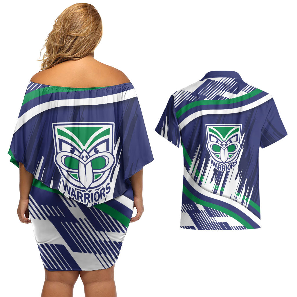New Zealand Warriors Rugby Mascot Couples Matching Off Shoulder Short Dress and Hawaiian Shirt Fierce Athlete Graphic in Sports Style