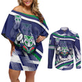 New Zealand Warriors Rugby Mascot Couples Matching Off Shoulder Short Dress and Long Sleeve Button Shirt Fierce Athlete Graphic in Sports Style