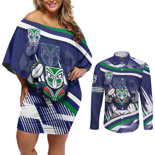 New Zealand Warriors Rugby Mascot Couples Matching Off Shoulder Short Dress and Long Sleeve Button Shirt Fierce Athlete Graphic in Sports Style
