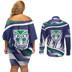 New Zealand Warriors Rugby Mascot Couples Matching Off Shoulder Short Dress and Long Sleeve Button Shirt Fierce Athlete Graphic in Sports Style
