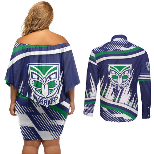 New Zealand Warriors Rugby Mascot Couples Matching Off Shoulder Short Dress and Long Sleeve Button Shirt Fierce Athlete Graphic in Sports Style